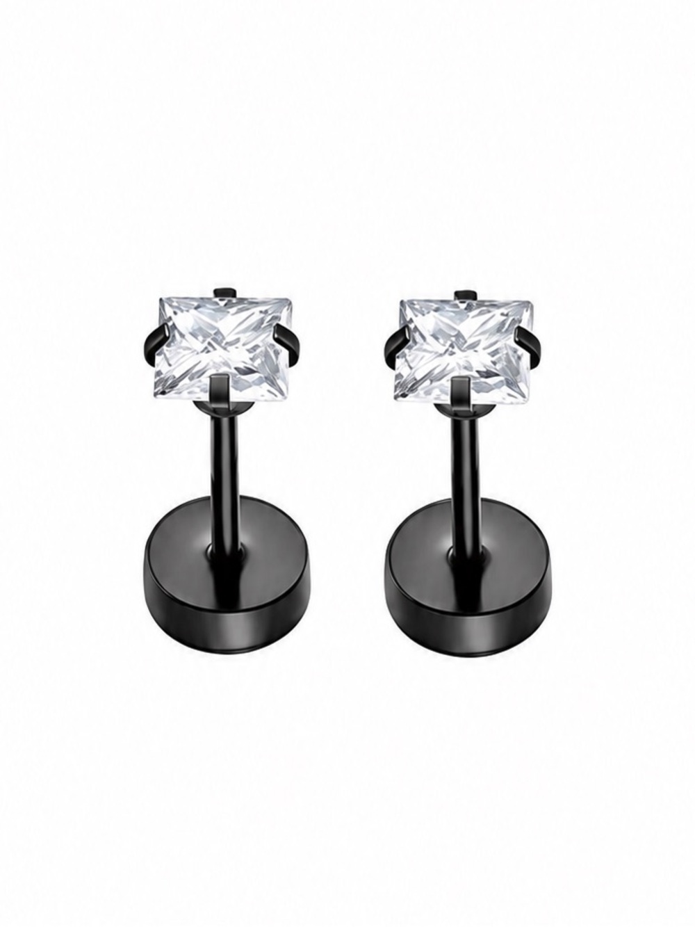 Black Stainless Steel Square CZ Flat Back Stud Earrings